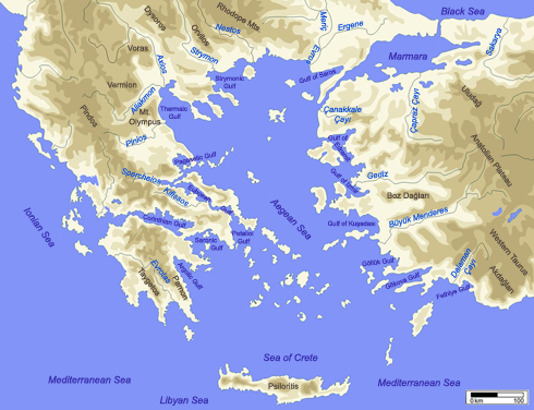 Figure 1. The circum-Aegean with main seas, mountains, gulfs and rivers